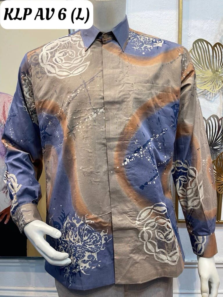 Men's long-sleeve batik shirt KLP AV 6 in blue, orange and grey, on a mannequin