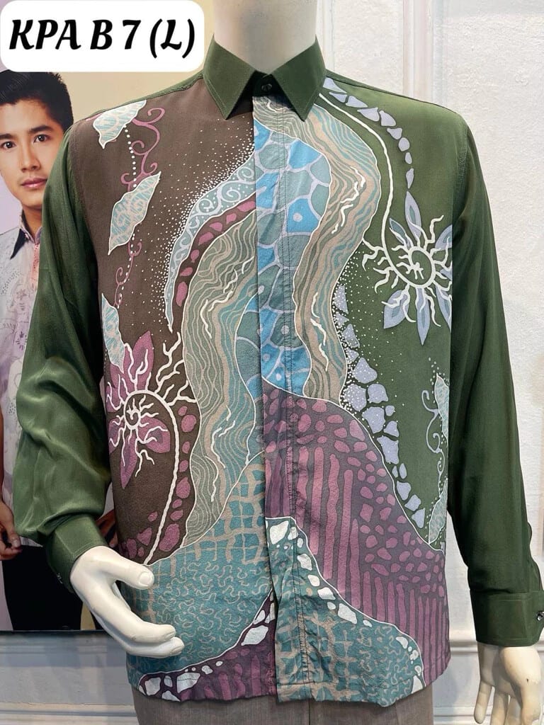 Men's long-sleeve silk crepe batik shirt KPA B 7 in olive green, light blue and purple, on a mannequin