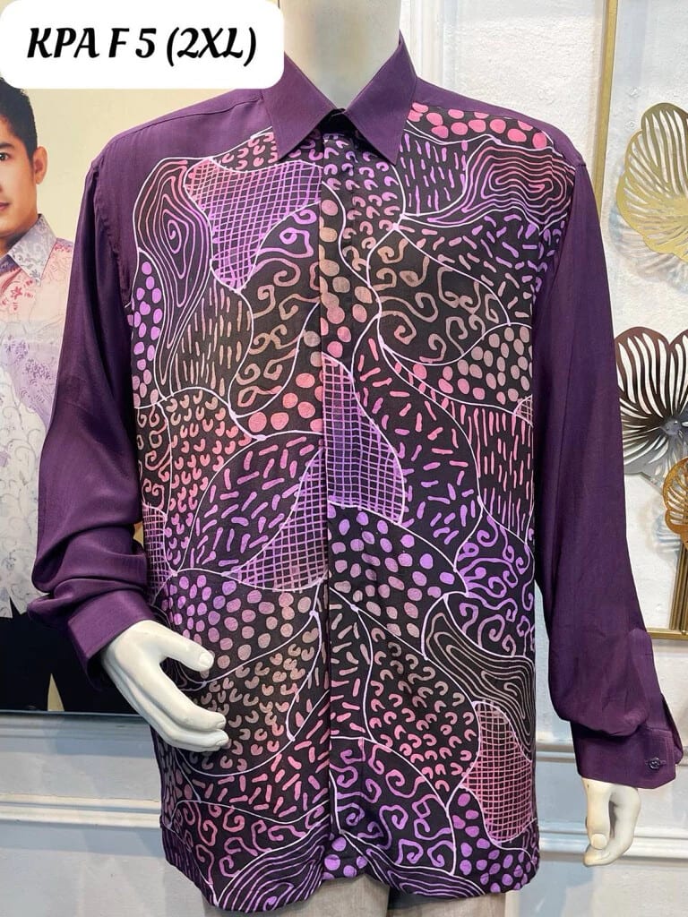 Men's long-sleeve silk crepe batik shirt KPA F 5 in purple, pink and black, on a mannequin