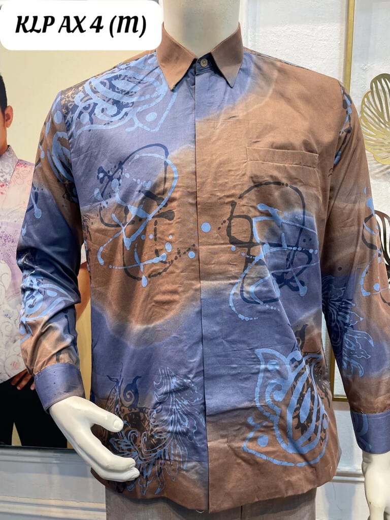 Men's long-sleeve batik shirt KLP AX 4 in blue and brown, on a mannequin