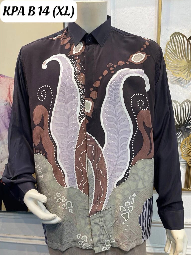 Men's long-sleeve silk crepe batik shirt KPA B 14 in black, brown and grey, on a mannequin