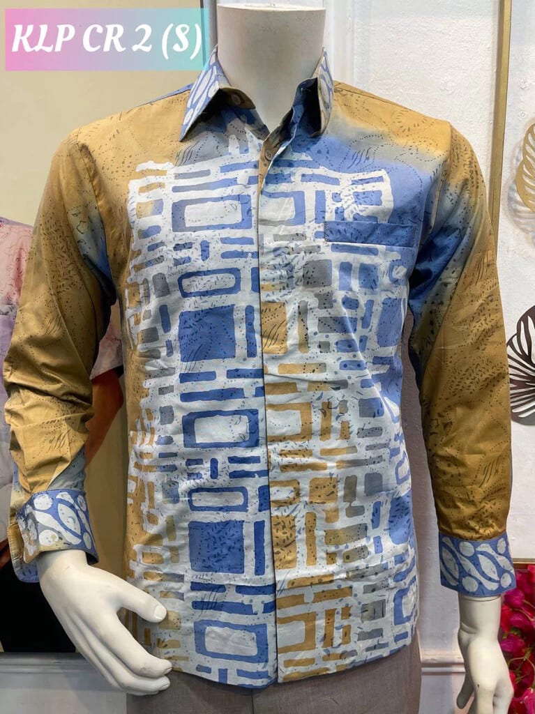 Men's long-sleeve batik shirt KLP CR 2 in mustard, blue and white, on a mannequin