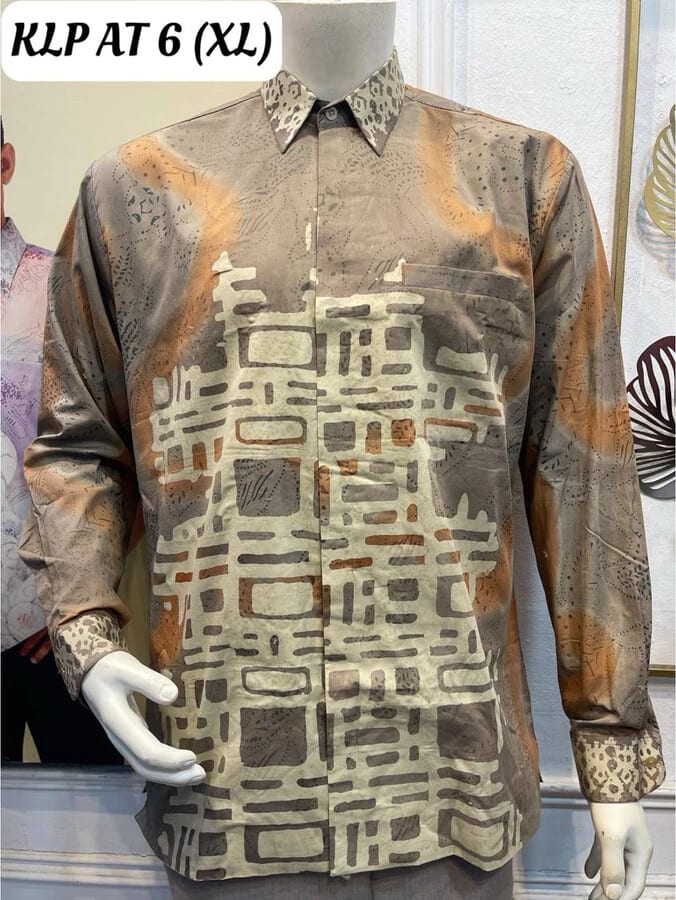 Men's long-sleeve batik shirt KLP AT 6 in brown, grey and cream, on a mannequin
