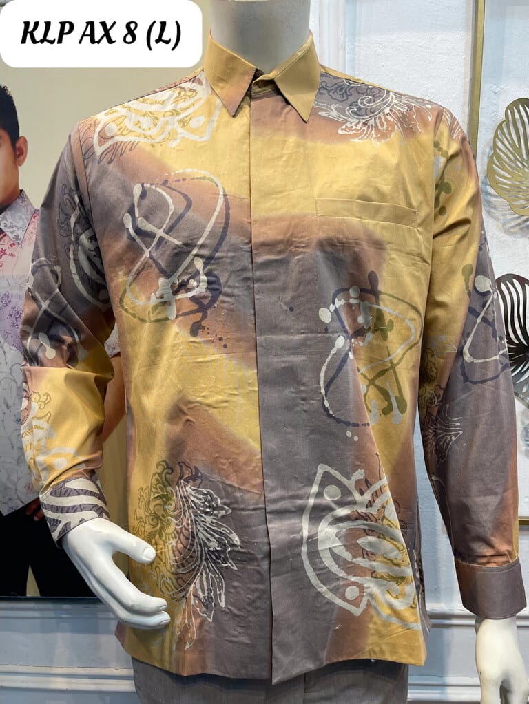 Men's long-sleeve batik shirt KLP AX 8 in mustard, grey and white, on a mannequin