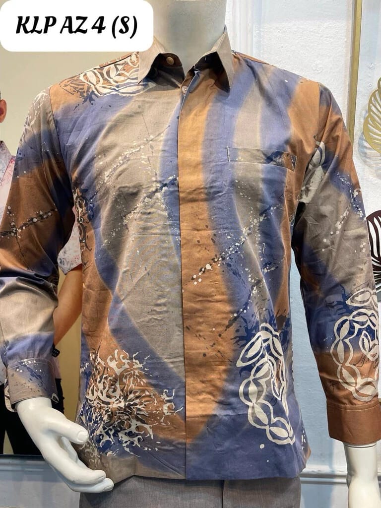 Men's long-sleeve batik shirt KLP AZ 4 in grey, blue and brown, on a mannequin