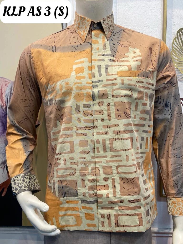 Men's long-sleeve batik shirt KLP AS 3 in brown, orange and cream, on a mannequin