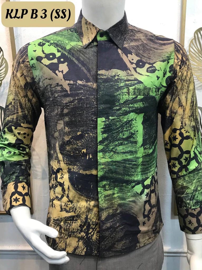 Men's long-sleeve batik shirt KLP B 3 in black, lime green and sand, on a mannequin