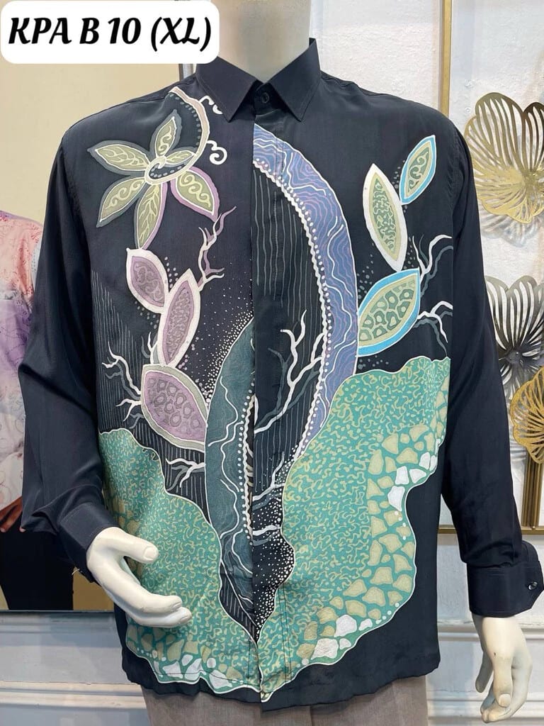 Men's long-sleeve silk crepe batik shirt KPA B 10 in navy, teal and lilac, on a mannequin