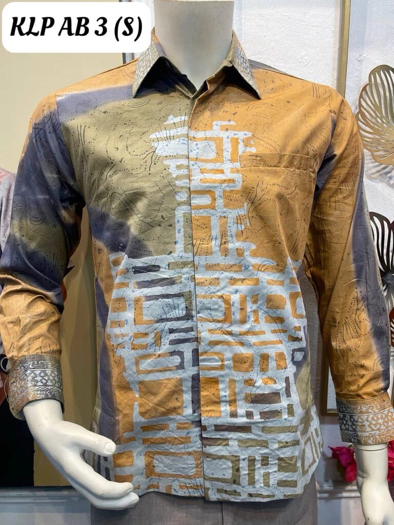Men's long-sleeve batik shirt KLP AB 3 in mustard, grey and white, on a mannequin