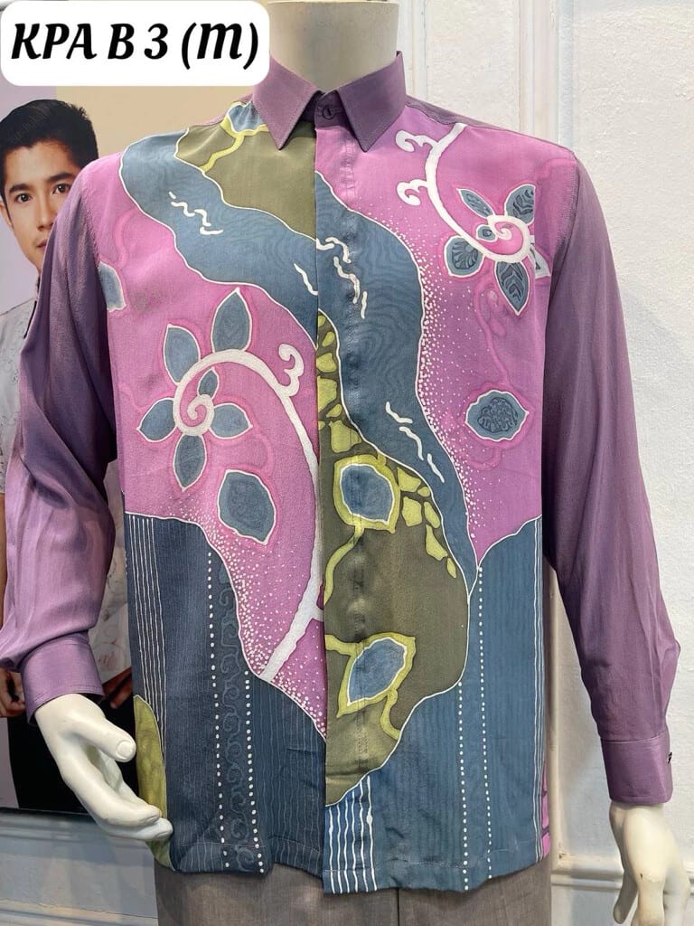 Men's long-sleeve silk crepe batik shirt KPA B 3 in pink, lilac, grey-blue and olive green, on a mannequin