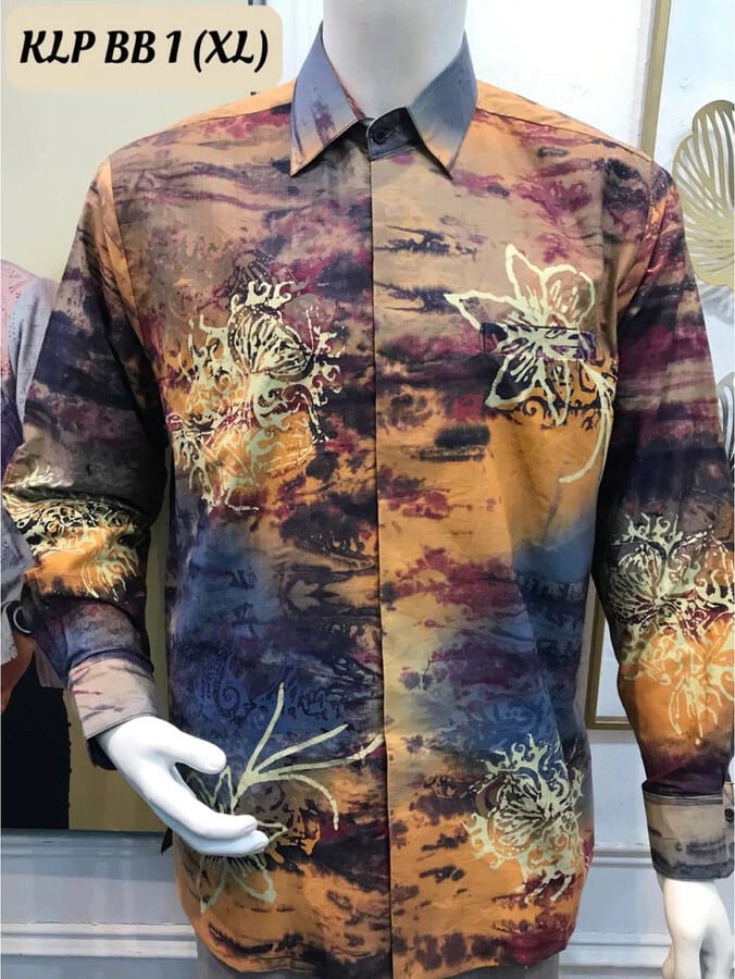 Men's long-sleeve batik shirt KLP BB 1 in orange, purple and navy, on a mannequin