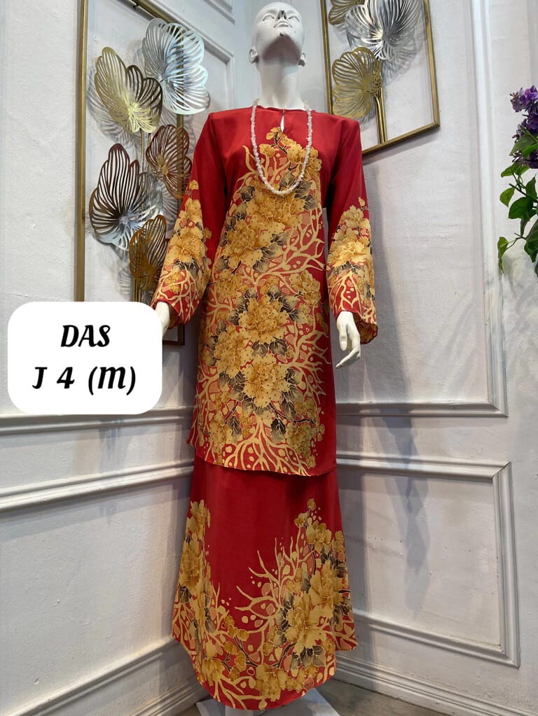 Women's silk crepe batik baju kurung moden DAS J 4 in red and gold, on a mannequin