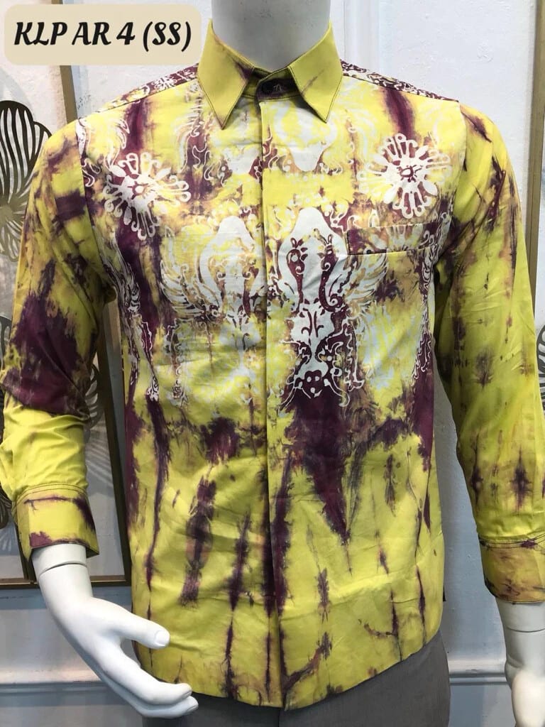 Men's long-sleeve batik shirt KLP AR 4 in yellow-green, purple and white, on a mannequin