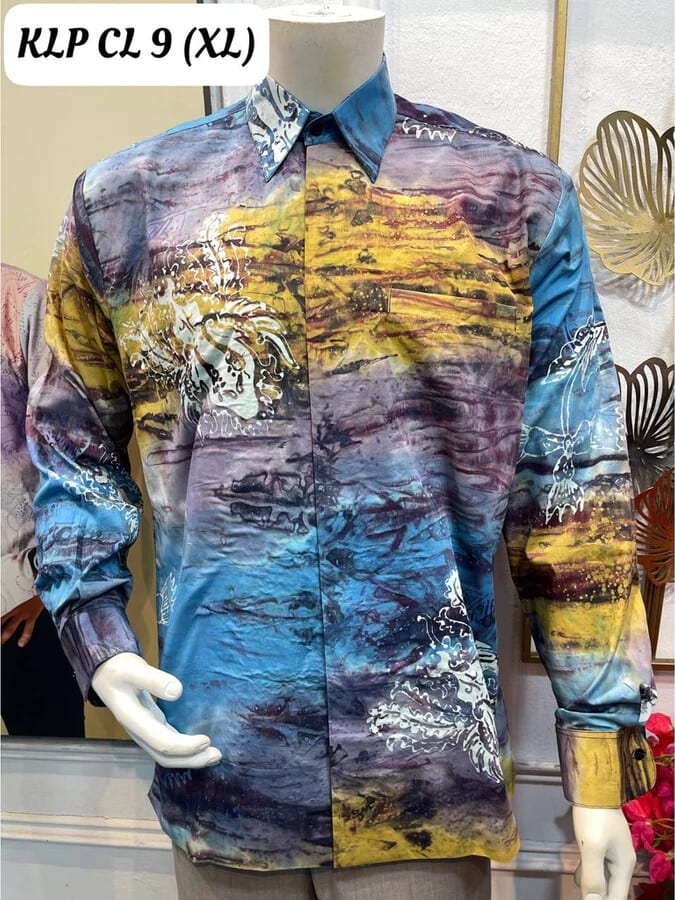 Men's long-sleeve batik shirt KLP CL 9 in sky blue, yellow and purple, on a mannequin