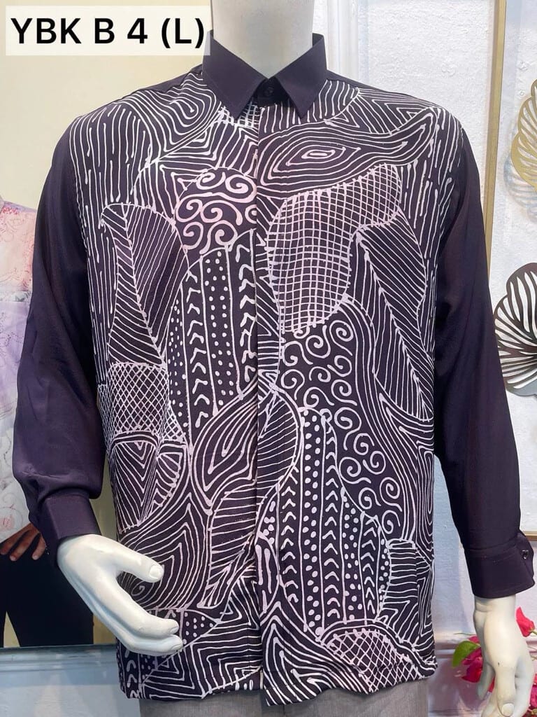 Men's long-sleeve silk crepe batik shirt YBK B 4 in dark purple, grey and white, on a mannequin