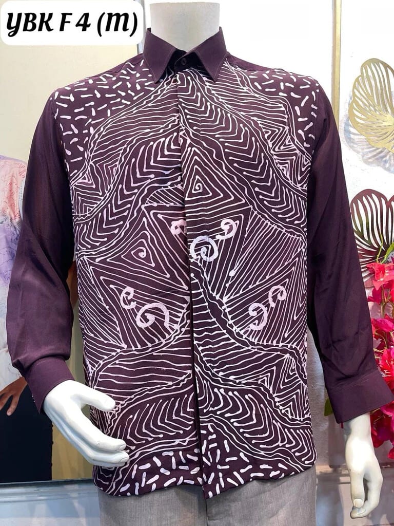 Men's long-sleeve silk crepe batik shirt YBK F 4 in plum and white, on a mannequin