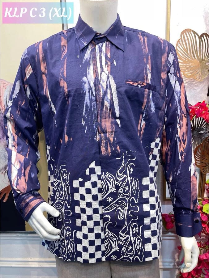 Men's long-sleeve batik shirt KLP C 3 in navy, white and pink, on a mannequin