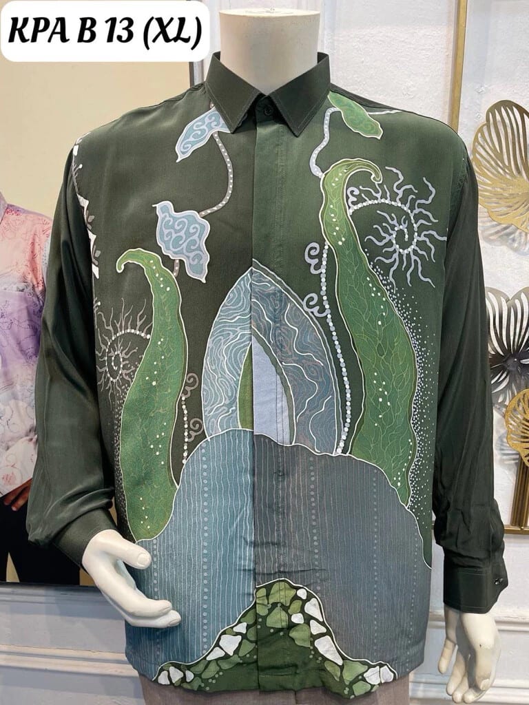 Men's long-sleeve silk crepe batik shirt KPA B 13 in olive green, grey-blue and white, on a mannequin
