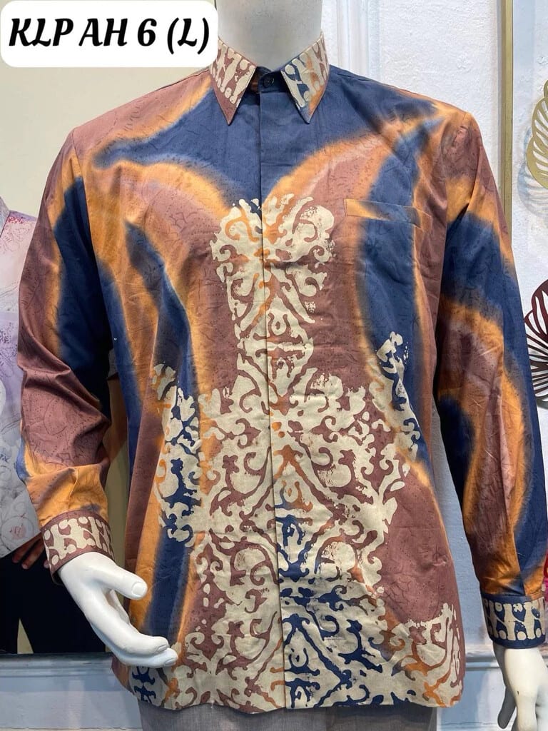 Men's long-sleeve batik shirt KLP AH 6 in rust brown, navy and cream, on a mannequin