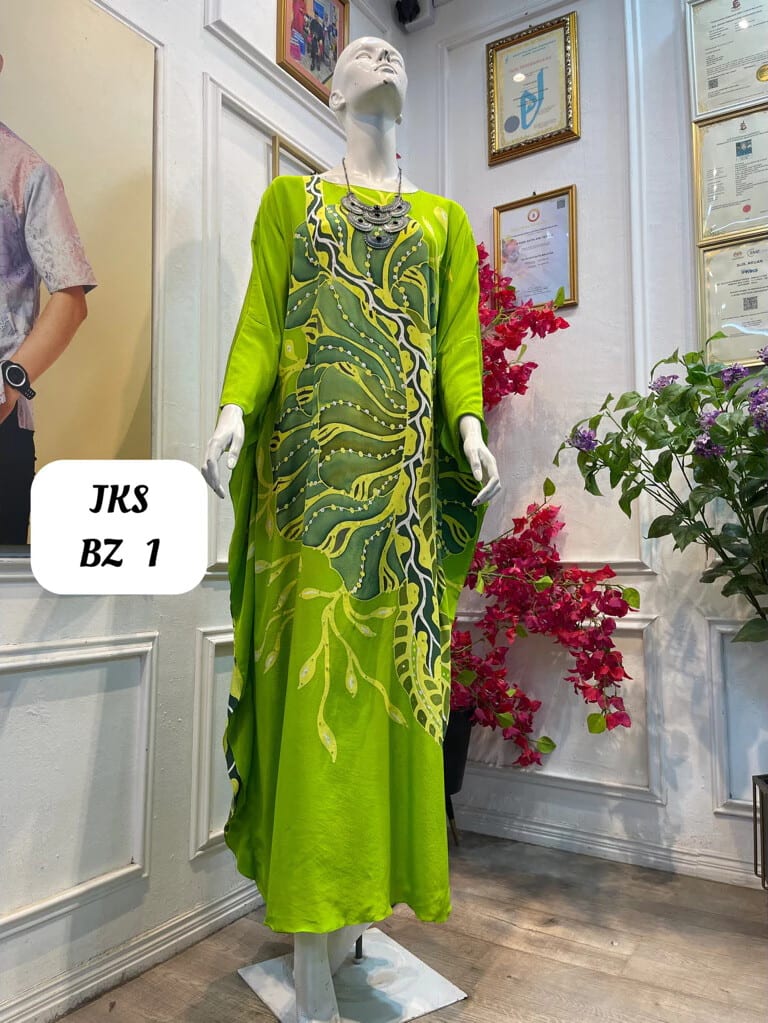 Women's silk crepe batik kaftan JKS BZ 1 in lime green, dark green and yellow, on a mannequin