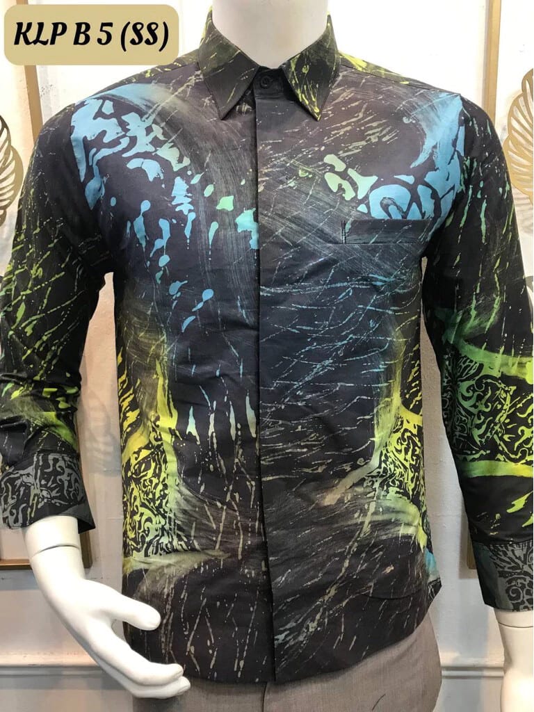 Men's long-sleeve batik shirt KLP B 5 in black, turquoise and yellow, on a mannequin