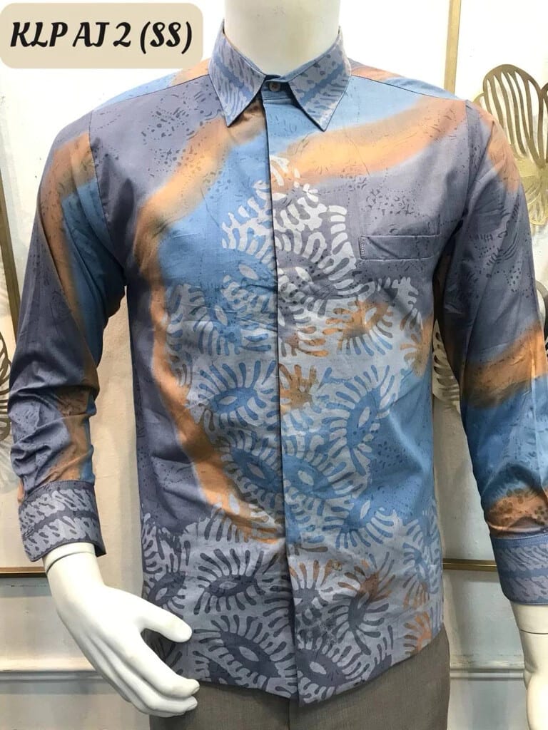 Men's long-sleeve batik shirt KLP AJ 2 in grey-blue, orange and white, on a mannequin