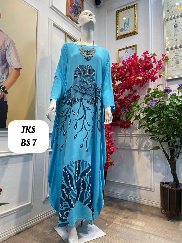 Women's silk crepe batik kaftan JKS BS 7 in sky blue and navy, on a mannequin