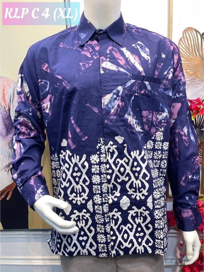 Men's long-sleeve batik shirt KLP C 4 in navy, white and purple, on a mannequin