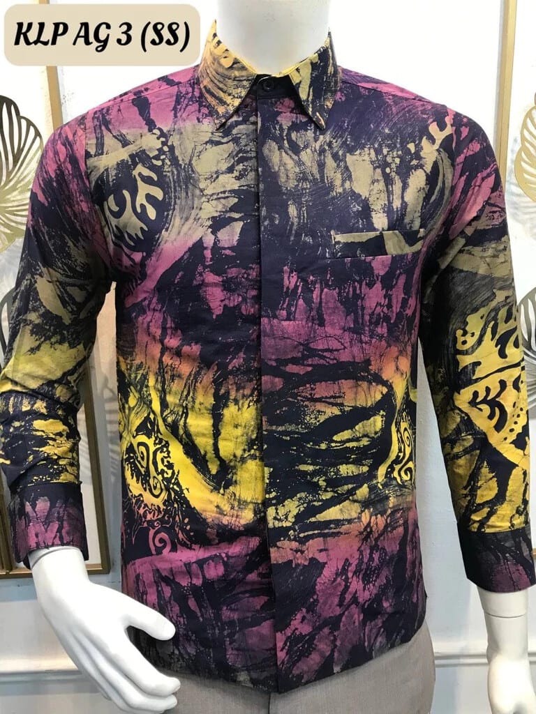 Men's long-sleeve batik shirt KLP AG 3 in magenta, yellow and navy, on a mannequin