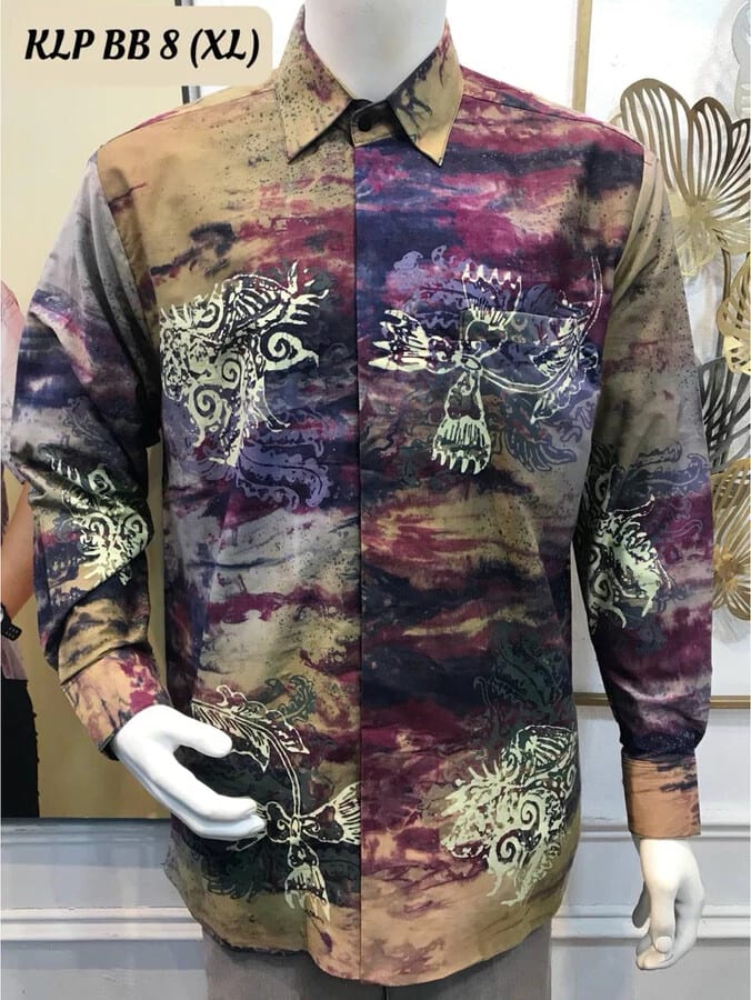 Men's long-sleeve batik shirt KLP BB 8 in grey-green, maroon and navy, on a mannequin