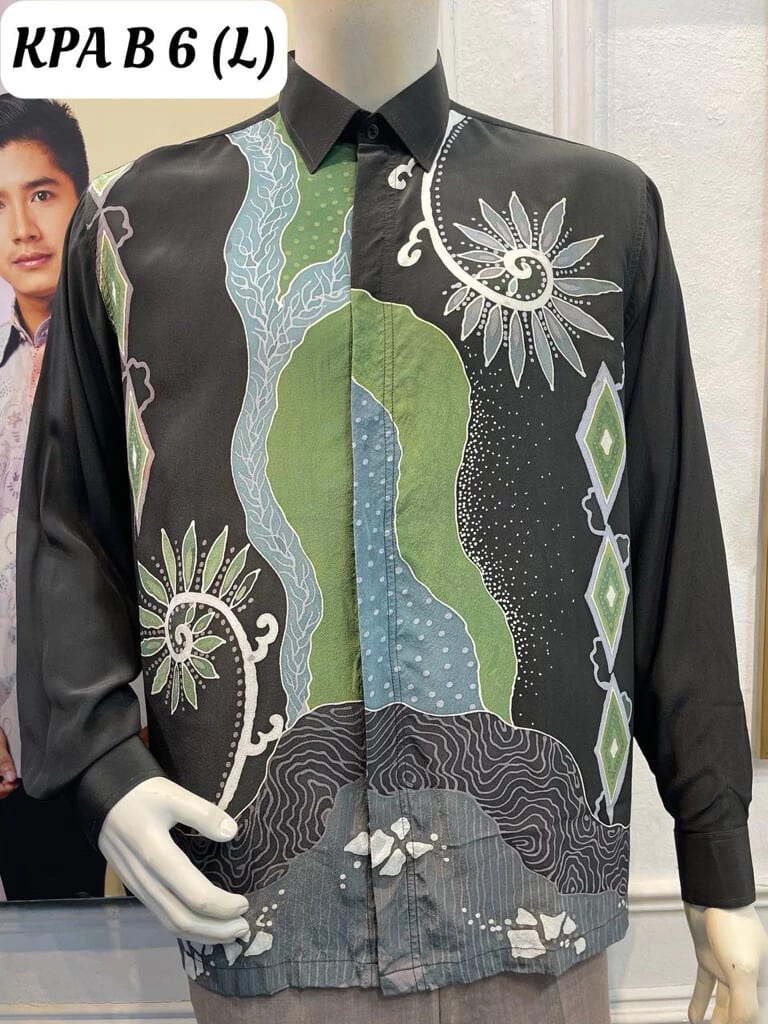 Men's long-sleeve silk crepe batik shirt KPA B 6 in black, pale green and light blue, on a mannequin