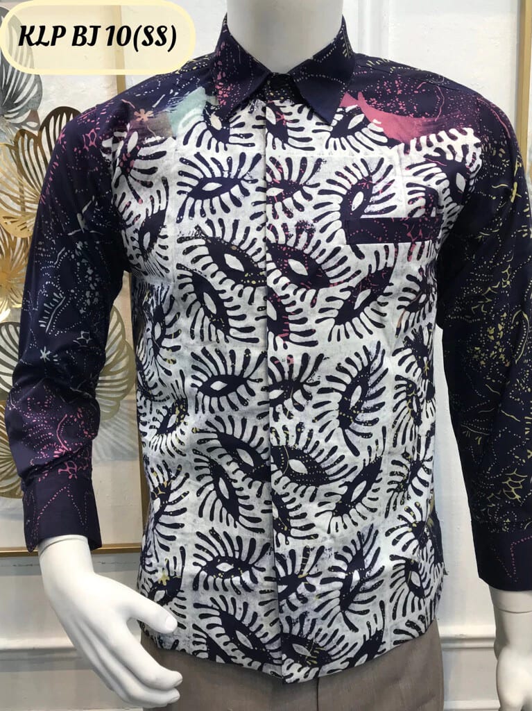 Men's long-sleeve batik shirt KLP BJ 10 in navy, white and pink, on a mannequin
