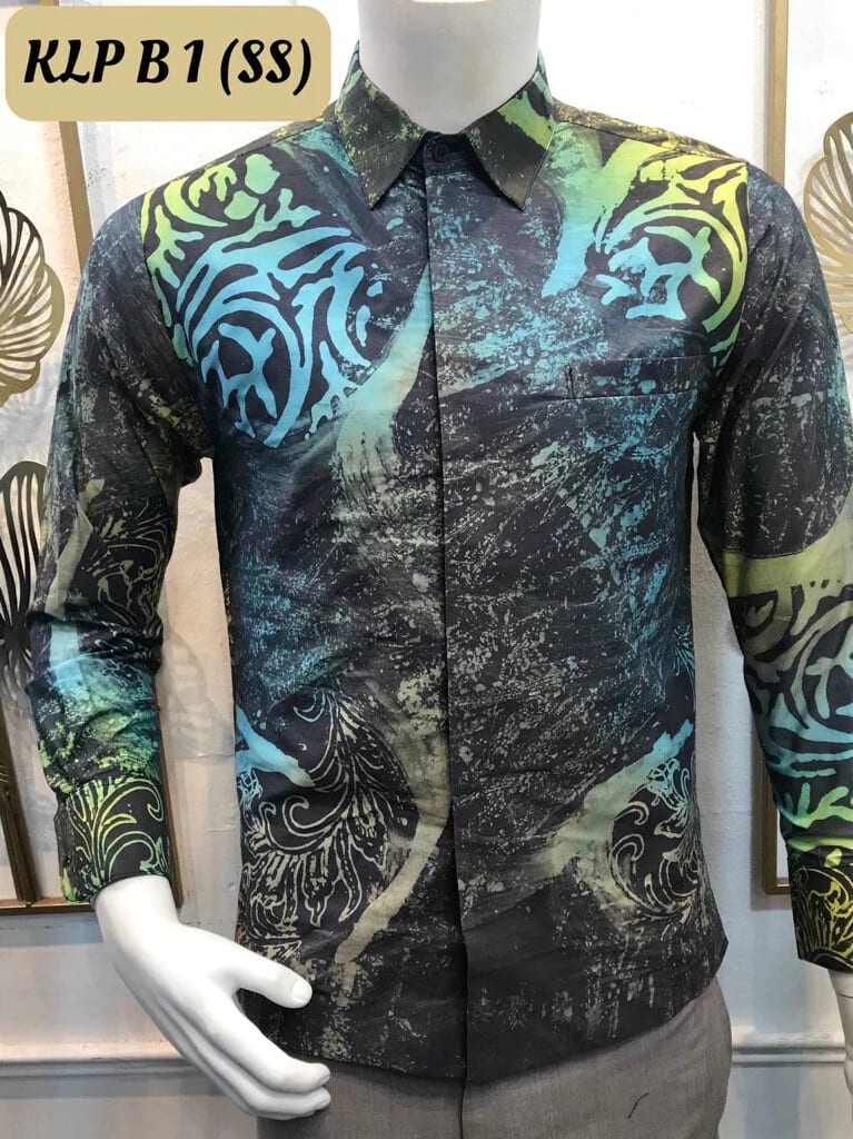 Men's long-sleeve batik shirt KLP B 1 in black, turquoise and yellow-green, on a mannequin