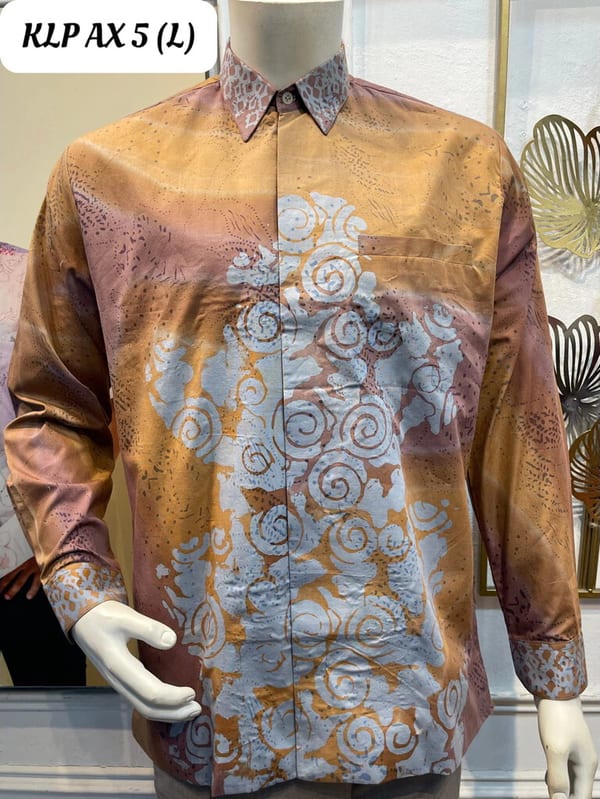 Men's long-sleeve batik shirt KLP AX 5 in mustard, lilac and light blue, on a mannequin