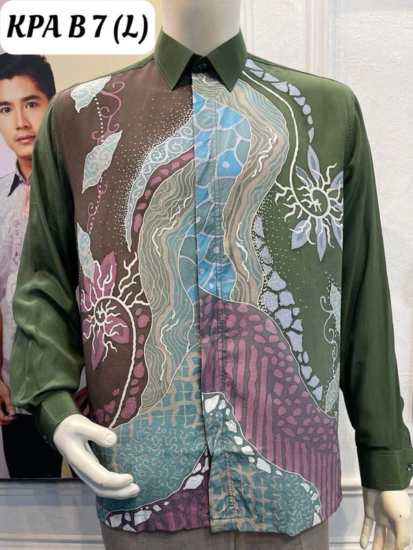 Men's long-sleeve silk crepe batik shirt KPA B 7 in olive green, light blue and purple, on a mannequin