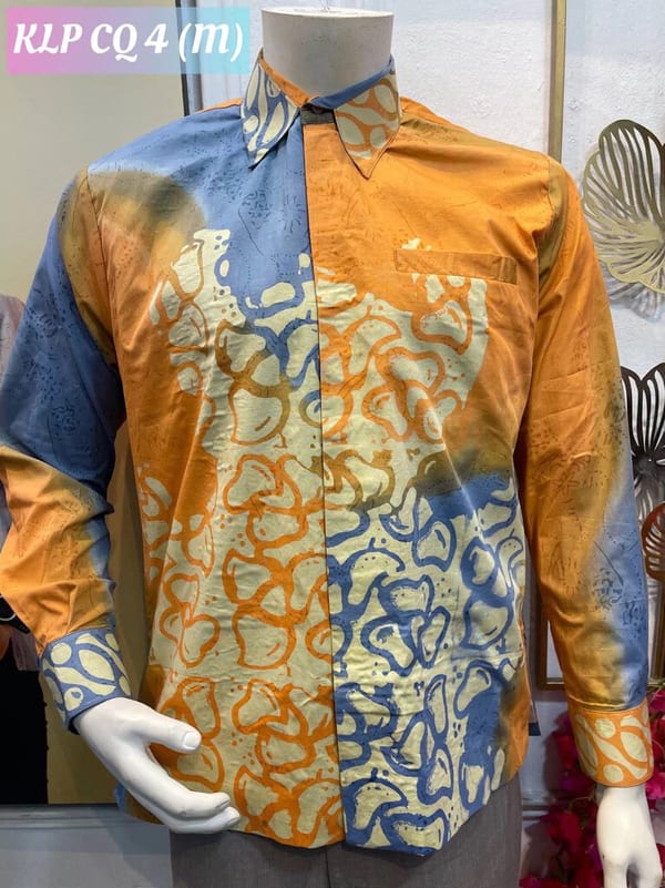 Men's long-sleeve batik shirt KLP CQ 4 in orange, blue and cream, on a mannequin