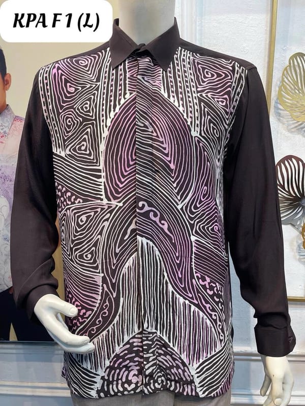 Men's long-sleeve silk crepe batik shirt KPA F 1 in black, grey-purple and white, on a mannequin