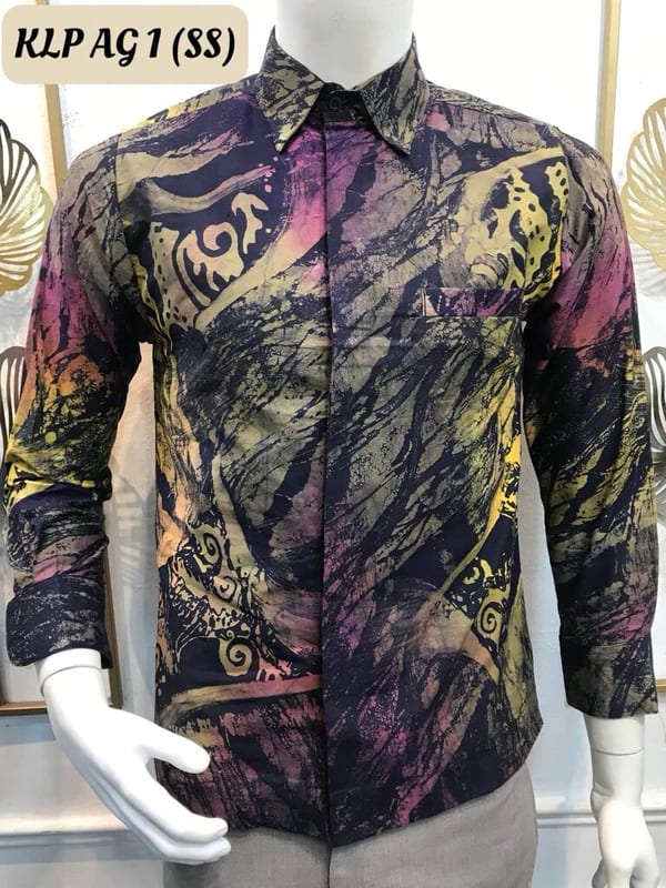 Men's long-sleeve batik shirt KLP AG 1 in navy, khaki and magenta, on a mannequin