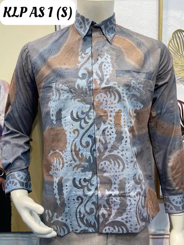Men's long-sleeve batik shirt KLP AS 1 in grey, light blue and peach, on a mannequin