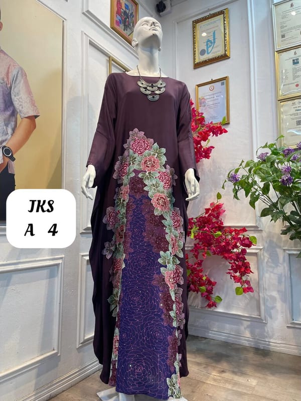Women's silk crepe batik kaftan JKS A 4 in plum, purple, pink and pale green, on a mannequin
