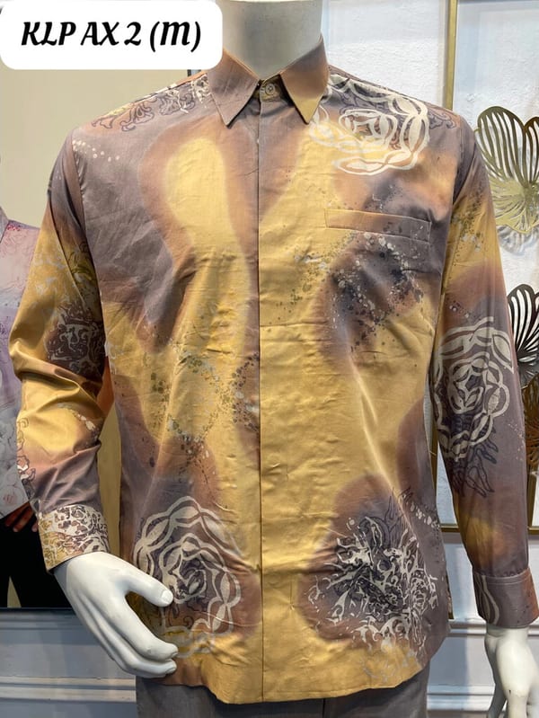Men's long-sleeve batik shirt KLP AX 2 in mustard and grey-purple, on a mannequin