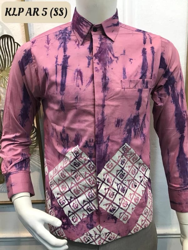 Men's long-sleeve batik shirt KLP AR 5 in pink, purple and white, on a mannequin