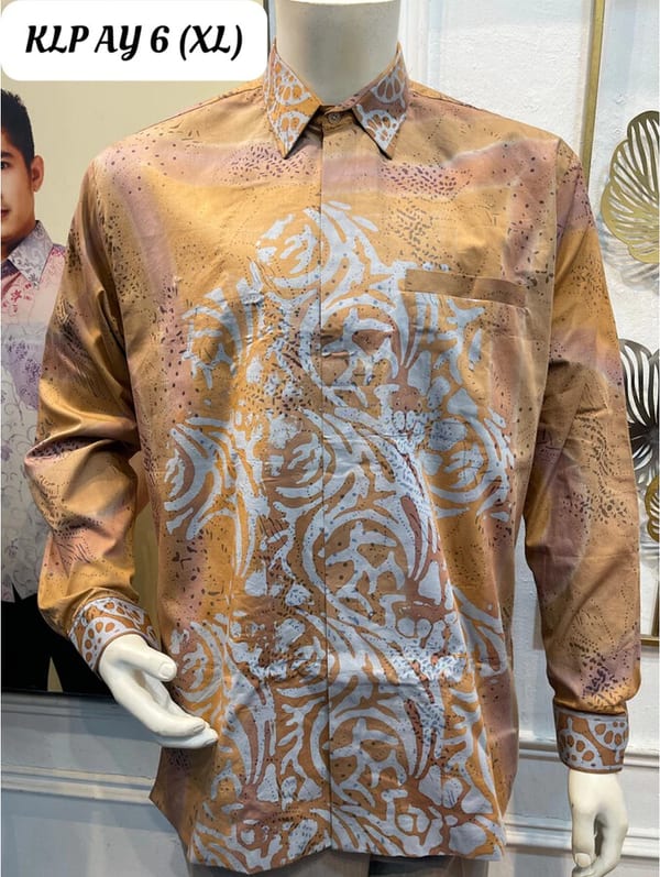 Men's long-sleeve batik shirt KLP AY 6 in orange and cream, on a mannequin