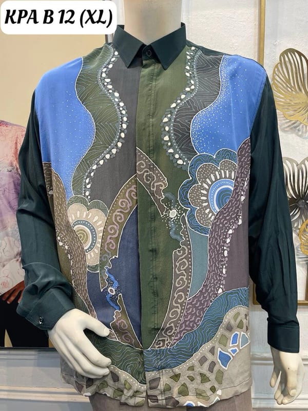 Men's long-sleeve silk crepe batik shirt KPA B 12 in navy, blue and olive green, on a mannequin