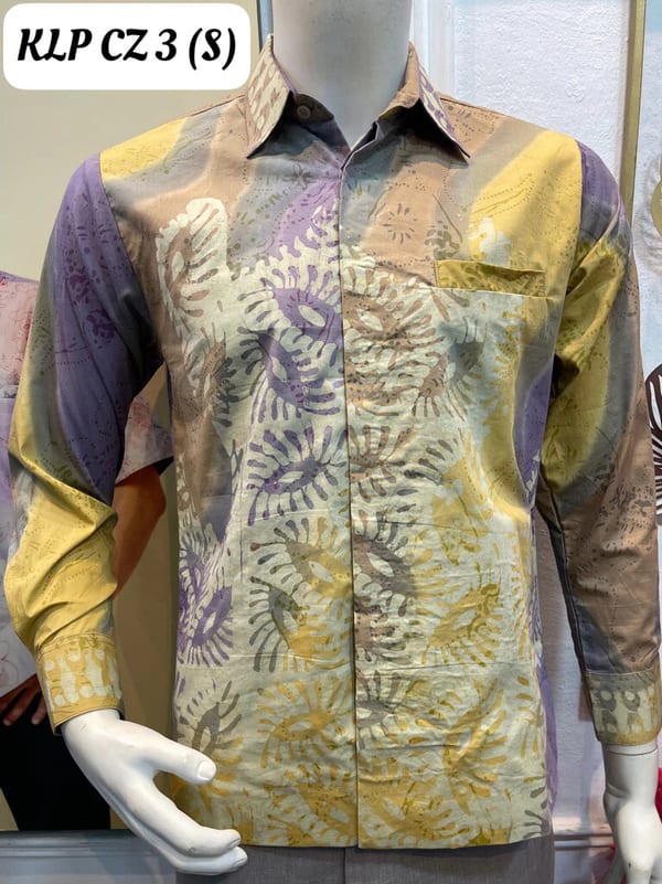 Men's long-sleeve batik shirt KLP CZ 3 in yellow, lilac and grey, on a mannequin