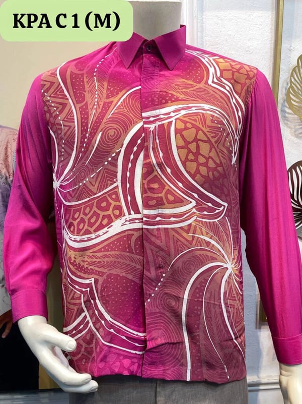 Men's long-sleeve silk crepe batik shirt KPA C 1 in magenta, pink and orange, on a mannequin