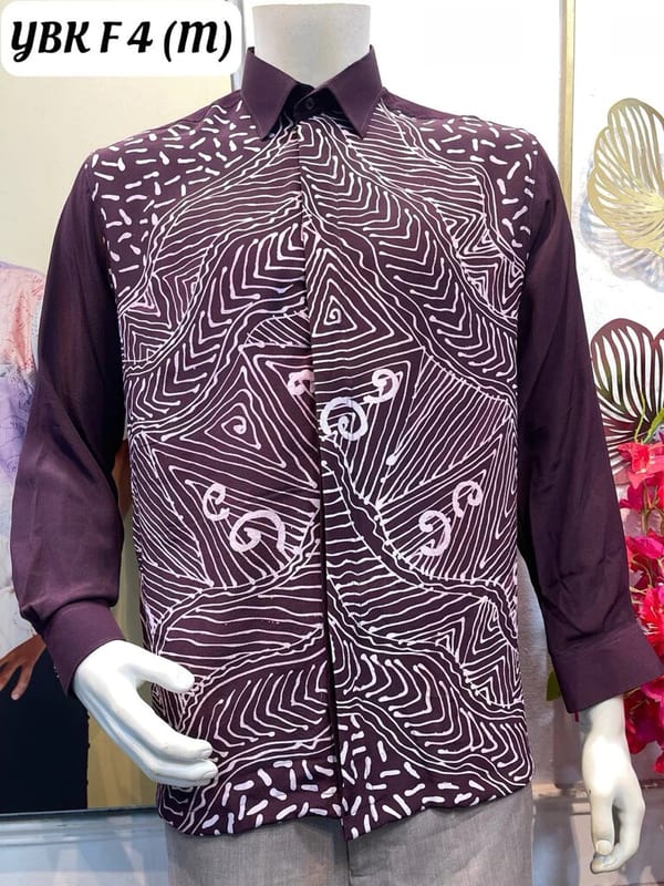 Men's long-sleeve silk crepe batik shirt YBK F 4 in plum and white, on a mannequin