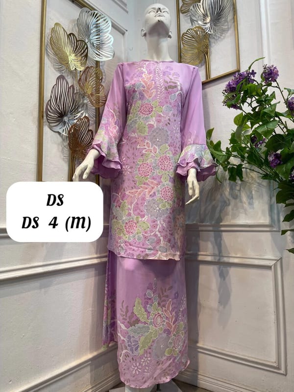 Women's silk crepe batik baju kurung moden DS DS 4 in lilac, pink and pale green, on a mannequin