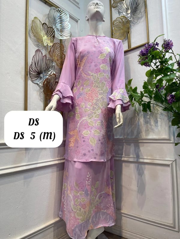 Women's silk crepe batik baju kurung moden DS DS 5 in lilac, pink, pale green and orange, on a mannequin