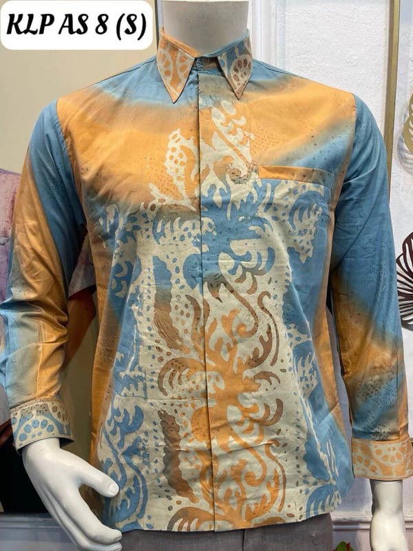 Men's long-sleeve batik shirt KLP AS 8 in orange, sky blue and cream, on a mannequin